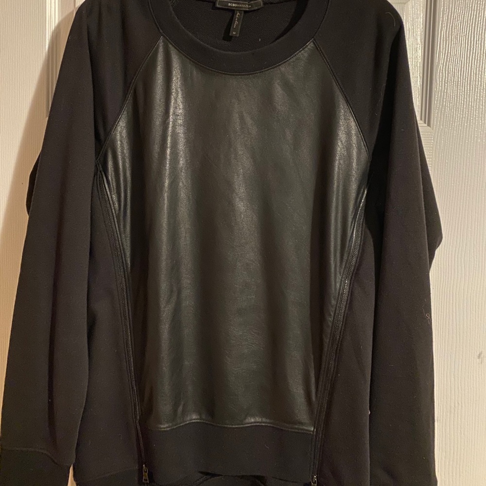 BCBG Faux Leather Front Zipper Sweatshirt/Tunic